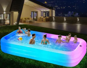 Inflatable Swimming Pool with Light, 145'' X 74'' X 22'' Solar Family Inflatable Pool for Kids, Adults, Family, 7 Color Large Blow Up Pool for Backyard