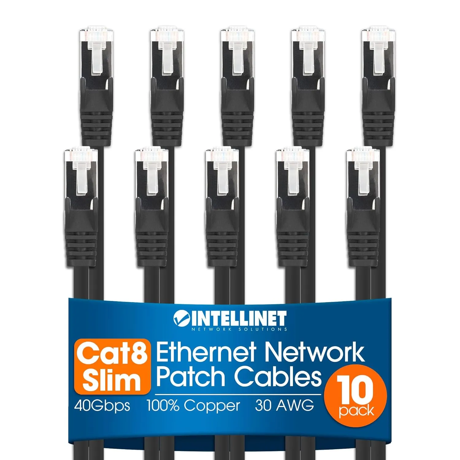Intellinet Slim Cat8 Ethernet Network Patch Cable – 10-Pack - 40Gbps & 2000MHz, Snagless Boot, 30AWG Pure Bare Copper Wire, Gold-Plated Contacts, Lifetime Mfg Warranty – 5ft, 10 Pack, Black