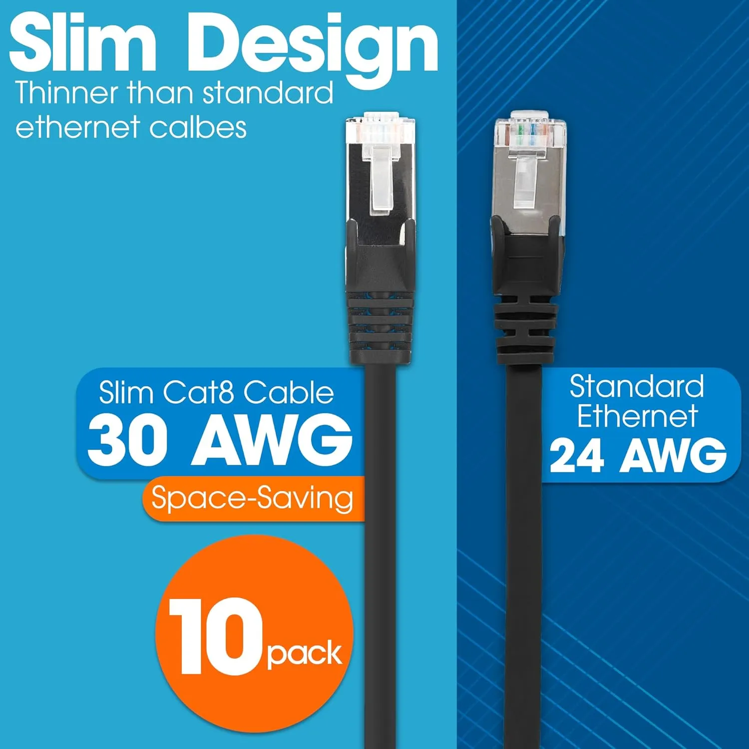 Intellinet Slim Cat8 Ethernet Network Patch Cable – 10-Pack - 40Gbps & 2000MHz, Snagless Boot, 30AWG Pure Bare Copper Wire, Gold-Plated Contacts, Lifetime Mfg Warranty – 5ft, 10 Pack, Black
