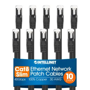 Intellinet Slim Cat8 Ethernet Network Patch Cable – 10-Pack - 40Gbps & 2000MHz, Snagless Boot, 30AWG Pure Bare Copper Wire, Gold-Plated Contacts, Lifetime Mfg Warranty – 5ft, 10 Pack, Black