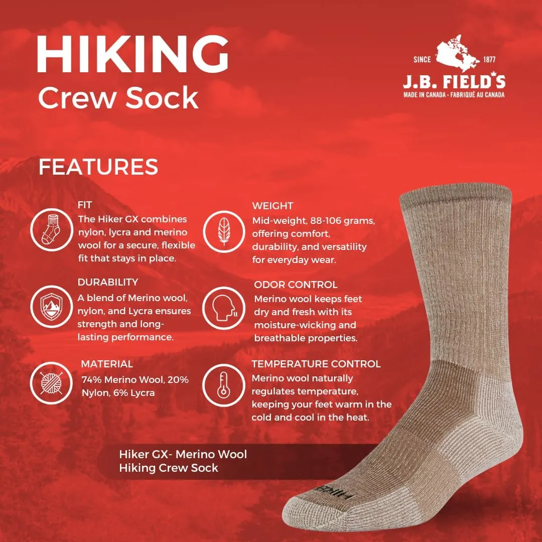 J.B. Field's Hiker GX 74% Merino Wool Hiking Crew Sock, All Season, Trekking & Outdoor Activity, 3 Pairs