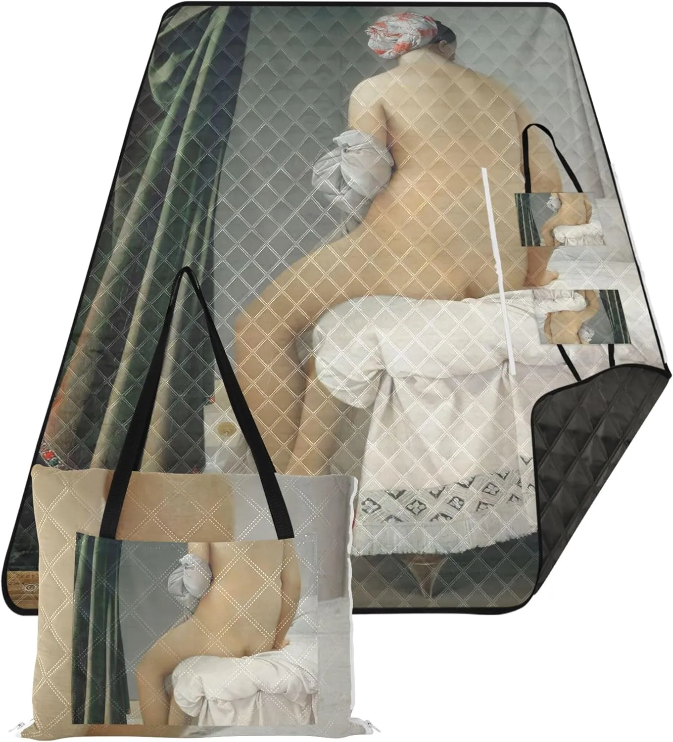 Jean Auguste Dominique Ingres Valpin?on Bather Beach Blankets Waterproof Sandproof Floral Tent Rugs for Camping Mat Cute Picnic Essentials Foldable 80" x 60"