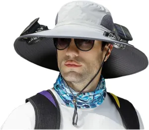 Jeeeun Hat with Fan Built in, Wide Brim Solar Fan Outdoor Fishing Hat-Solar & USB Charging, UPF 50  Sun Hat, UV Protection Hat