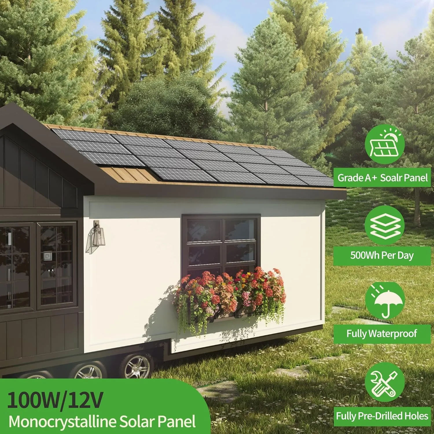 JJN 200 Watt Solar Panel, 2pcs 100W 16BB N-Type High Efficiency 12 Volt Solar Panels, 25% High Coversion Rate Solar Module PV Charge for Boat Rooftop Caravan and Other Off-Grid System