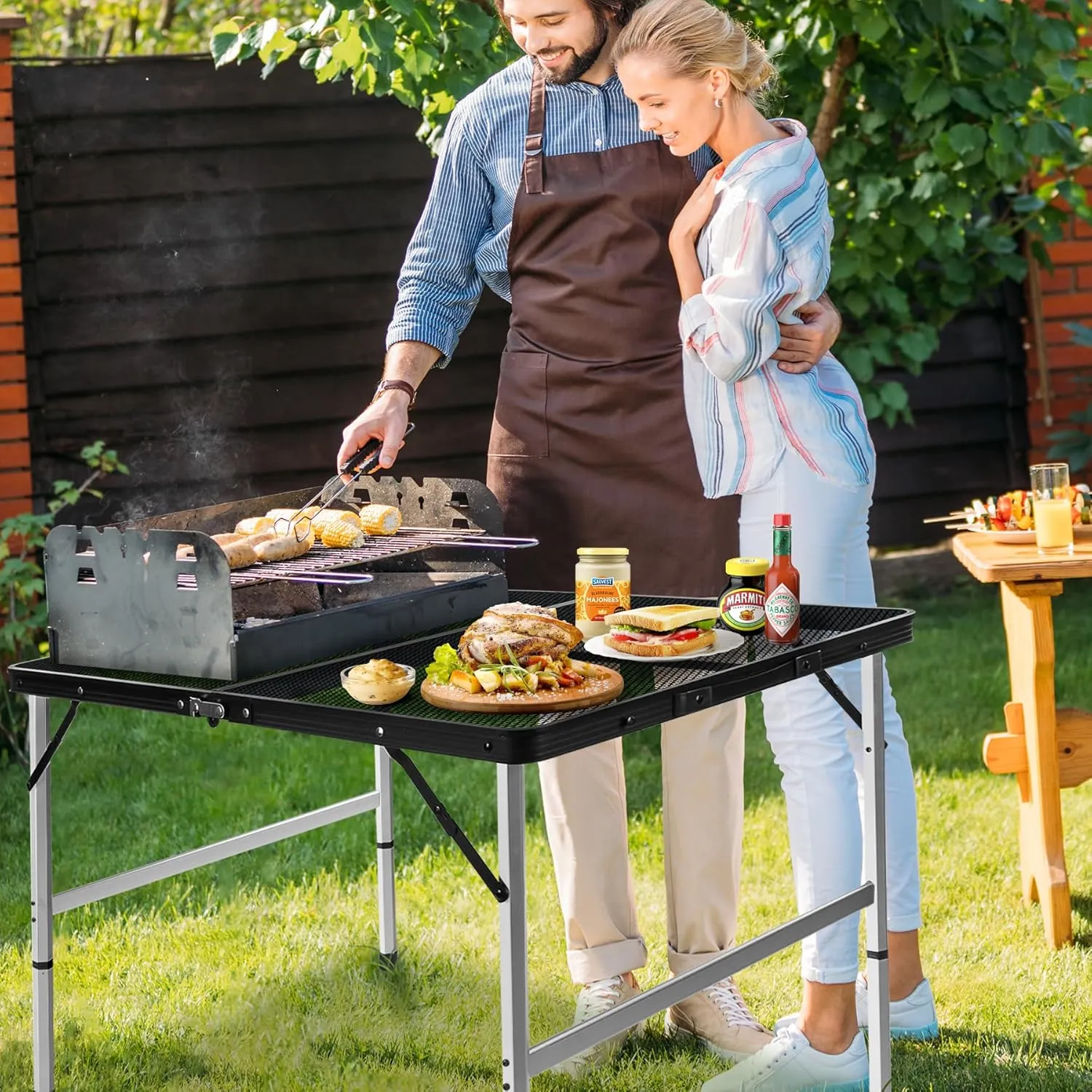jkwokback 3ft x 2ft Grill Table Portable Camping Table, Waterproof Black Folding Table with Adjustable Height Camping Table,Folding Camp Table for BBQ,Camping, Outdoor Sports, Beaches and Picnics