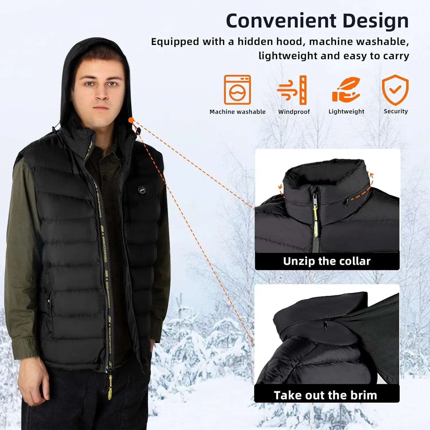 JRH Heated Vest for Men and Women With Retractable Hood and Battery Pack