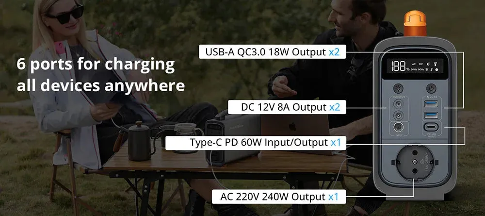 JustNow GT240 Pro 240W Portable Power Station, 320Wh LiFePO4 Battery Solar Generator, PD 60W Fast Charging, LED Light, 6 Outputs