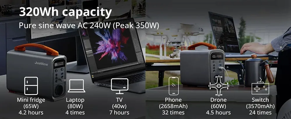 JustNow GT240 Pro 240W Portable Power Station, 320Wh LiFePO4 Battery Solar Generator, PD 60W Fast Charging, LED Light, 6 Outputs