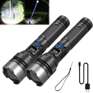 Juyafio Powerful Flashlight 150000 Lumens, USB Rechargeable Waterproof, Super Bright Xhp70.2 Handheld Flashlight, Zoomable Torch for Camping Hiking Biking Home Emergency (2Pcs)
