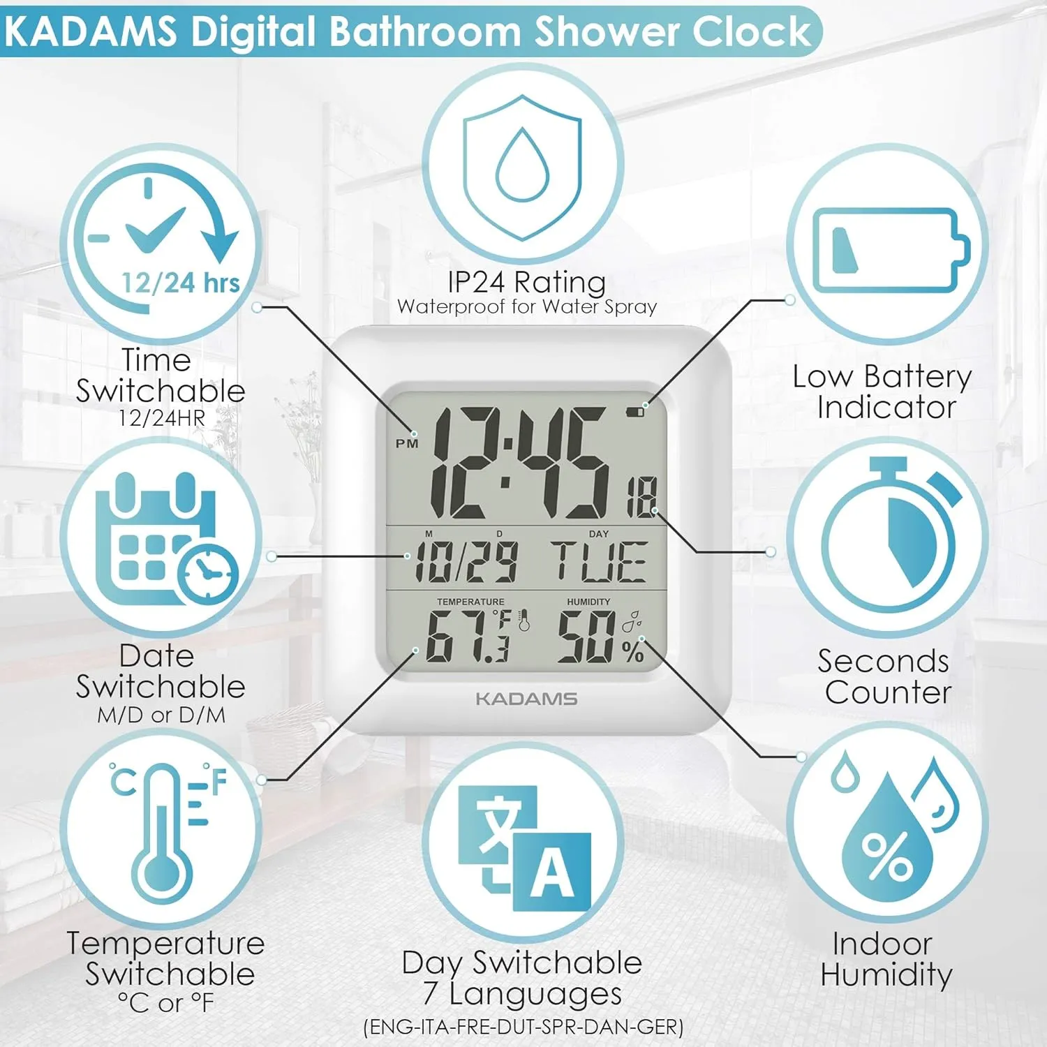 KADAMS Bathroom Clock Wall with Shatterproof LCD Screen – Waterproof Shower Clock Water Resistant with Temperature & Humidity Display Calendar in 7 Languages with 4 Installation Options, White