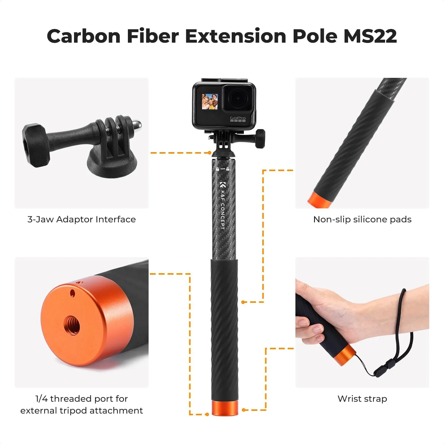 K&F Concept Invisible Selfie Stick, Extension Carbon Long Pole（127cm/50in） for Insta360 X5 Sports Camera GoPro DJI OSMO Pocket 3, 1/4" Extended Monopod with GoPro Adapter and Wrist Strap.