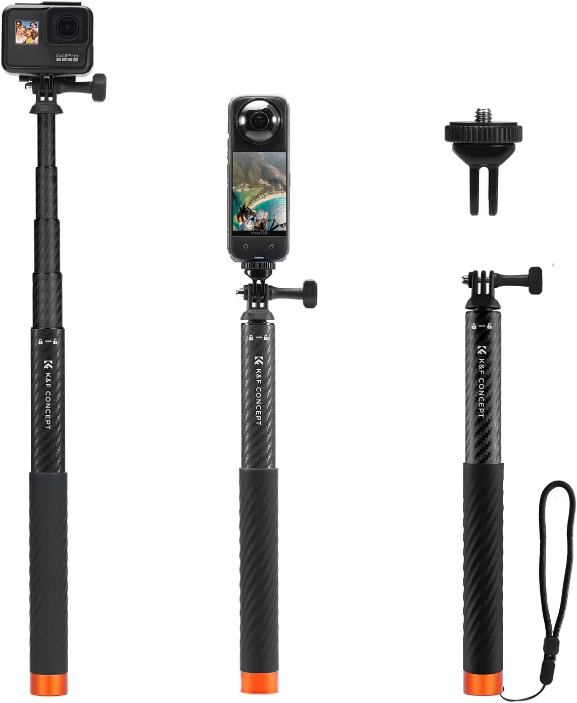 K&F Concept Invisible Selfie Stick, Extension Carbon Long Pole（127cm/50in） for Insta360 X5 Sports Camera GoPro DJI OSMO Pocket 3, 1/4" Extended Monopod with GoPro Adapter and Wrist Strap.