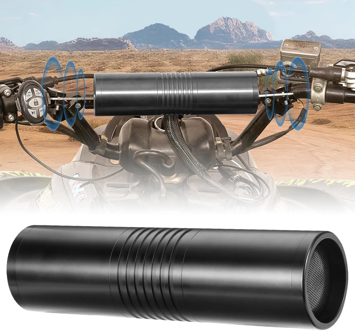 KEMIMOTO Motorcycle Speaker, ATV Motorcycle Stereo Speaker, Waterproof Motorcycle Radio Sound Bar 0.7-1 in, 60 Watts Max Built-in Amplifier, AUX in, USB, Bluetooth-Compatible, FM Radio, Black