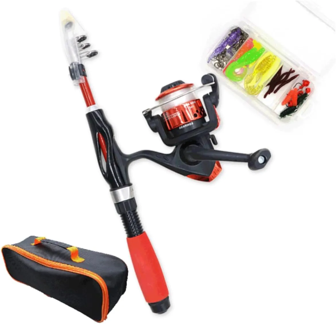 Kids Fishing Pole and Tackle Box Portable Telescopic Fishing Rod Tackle Combos Full Kits with Soft Bait Travel Bag for Boys Girls Youth Red, Kids Fishing Pole