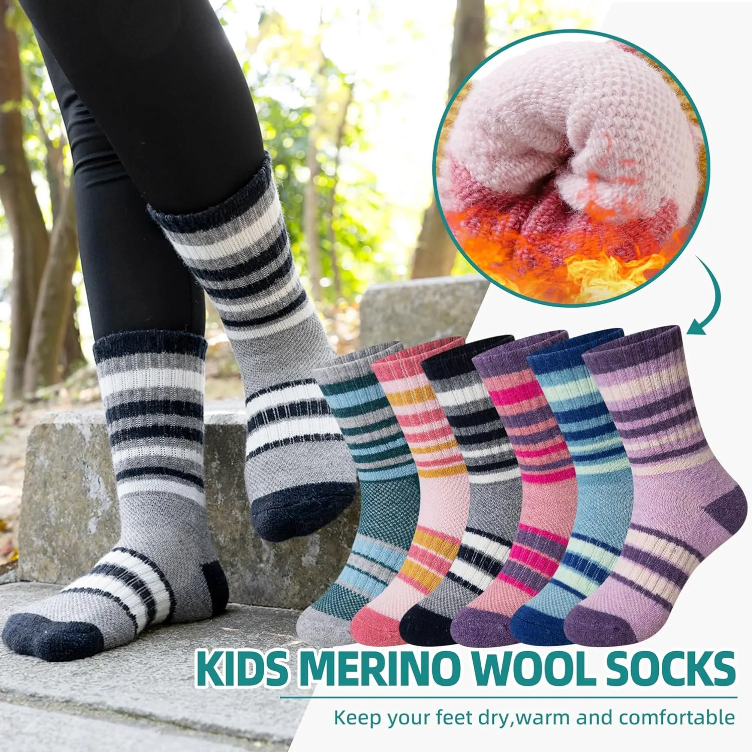 Kids Merino Wool Hiking Socks Toddlers Boys Girls Thermal Warm Winter Cushion Moisture Wicking Crew Boot Socks 6 Pairs