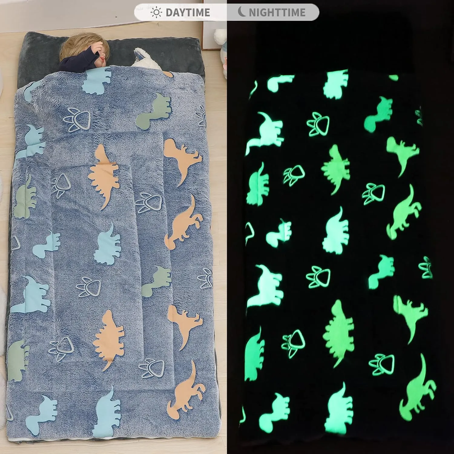 Kids Sleeping Bags for Boys Girls Glow in The Dark Stars Space Slumber Bag Super Soft Nap Mat for Daycare Sleepovers | with Zipper Pillow Pocket and Carrying Bag