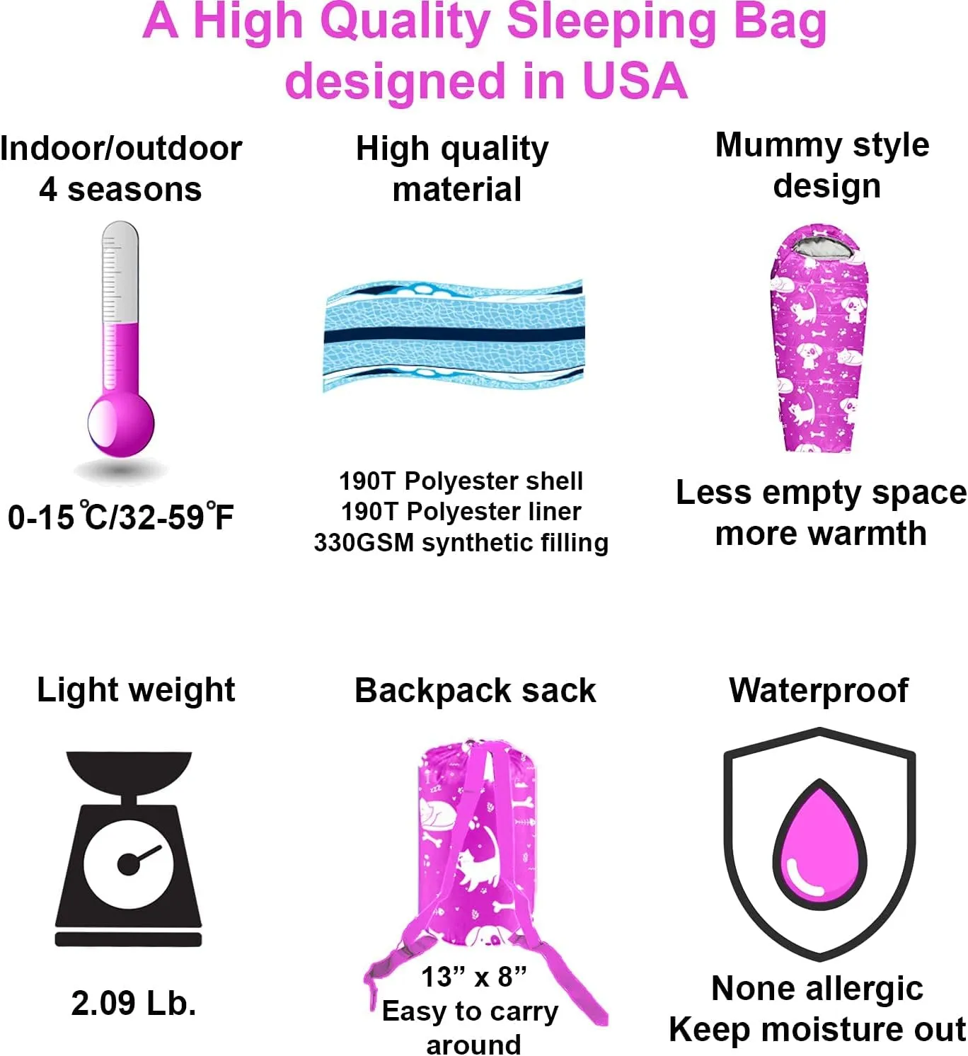 KidzAdventure Mummy Style 32 – 59F Kids Sleeping Bag with Pillow Sleeve, 4 Season, Lightweight and Backpacking Style, Ideal for Camping, Sleepover, Boys, Girls, Youth and Toddlers