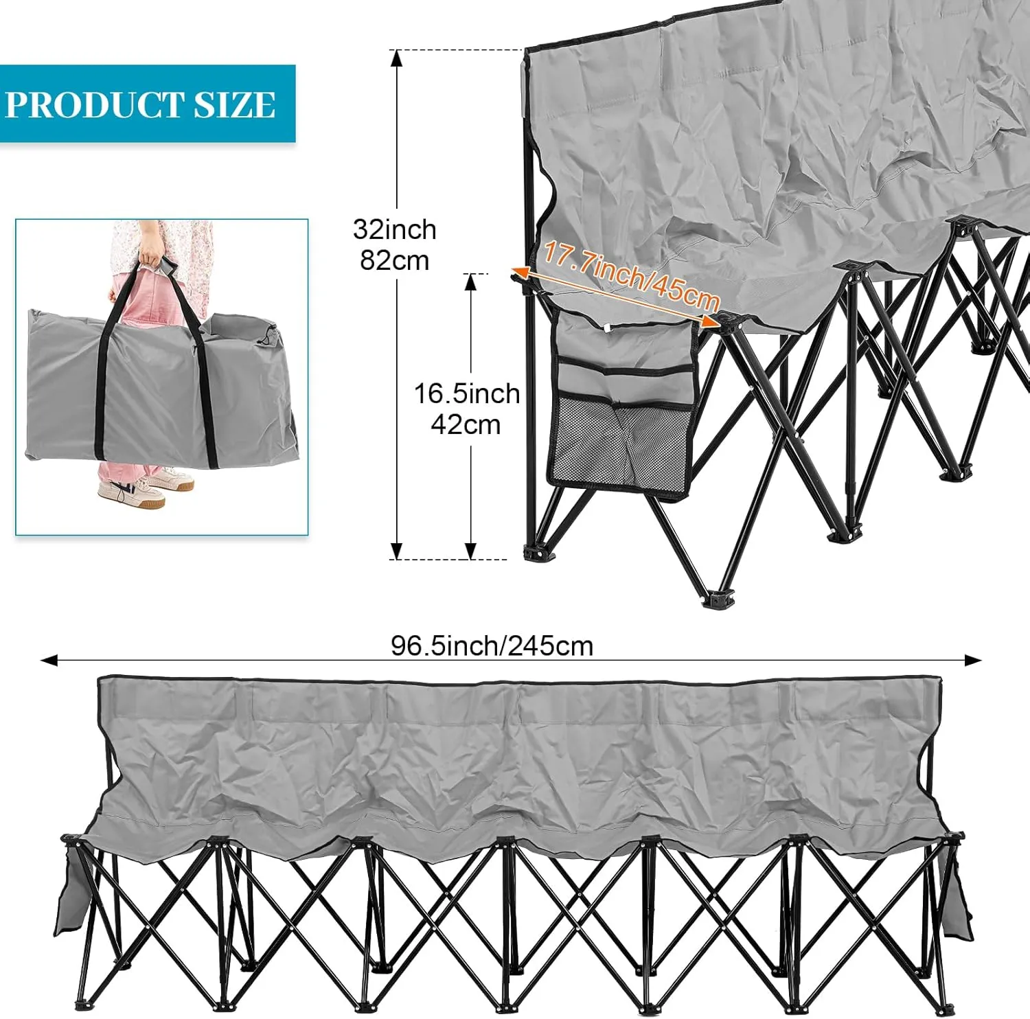 Kigley 6 Seats Folding Soccer Bench Chair Portable Team Sports Sideline Bench for Football Camp Travel Events Outdoor Seating with Storage Bag