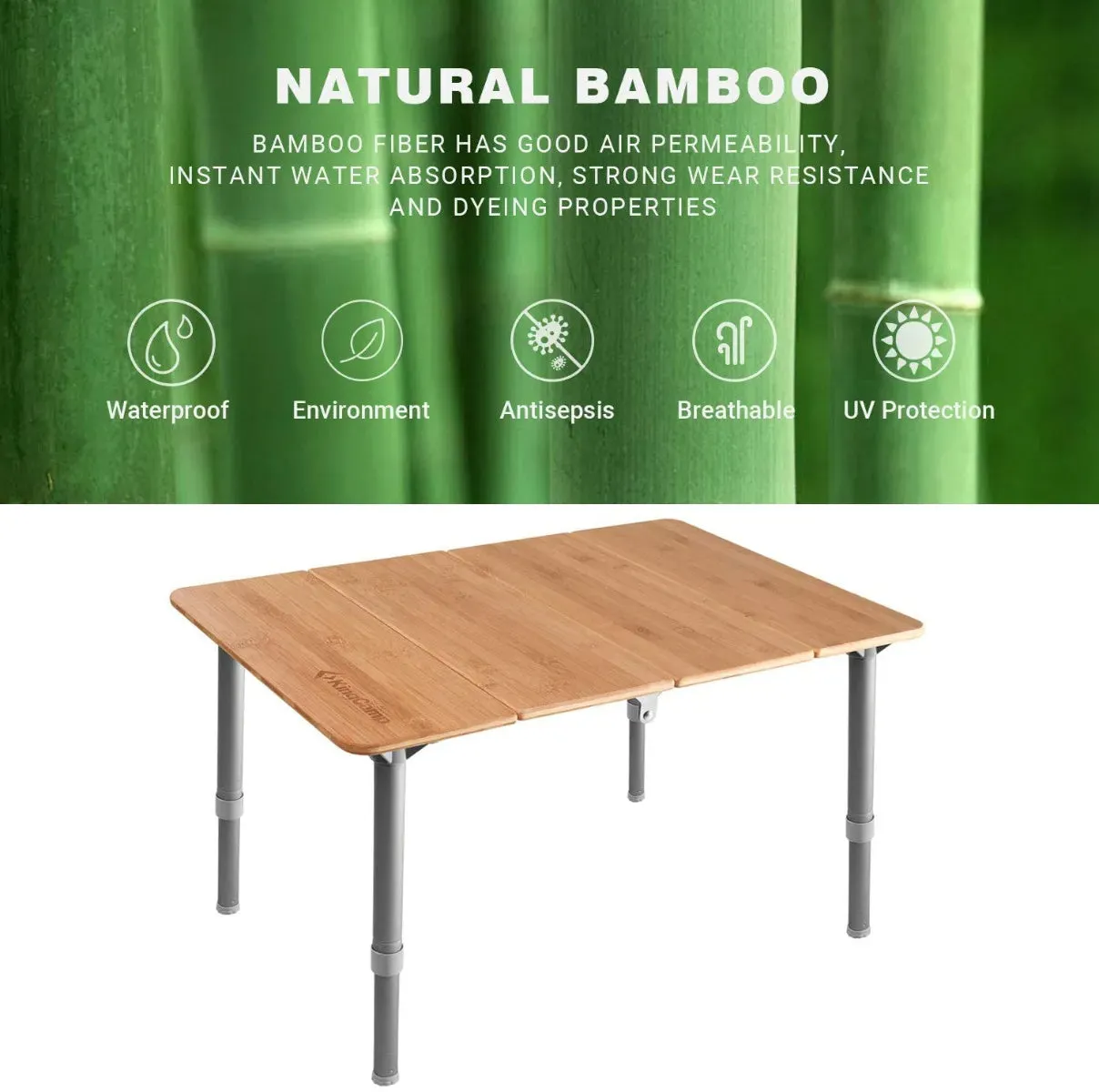 KingCamp BAMBOO Adjustable Height 4-Folded Bamboo Coffee Table