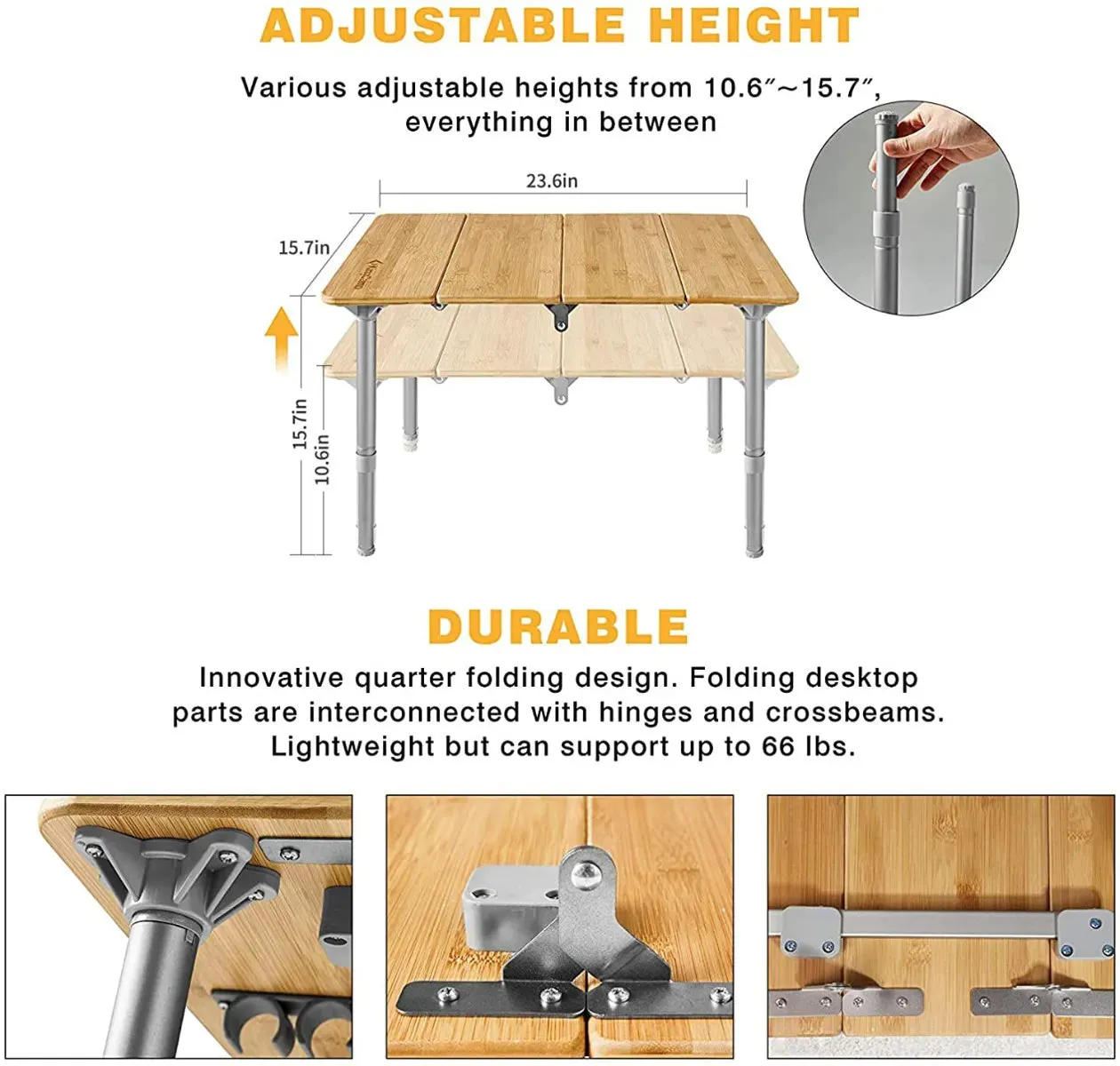 KingCamp BAMBOO Adjustable Height 4-Folded Bamboo Coffee Table