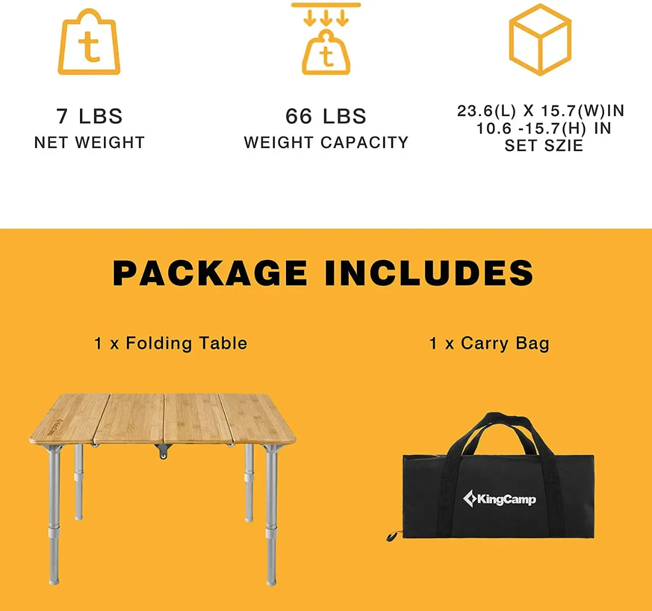 KingCamp BAMBOO Adjustable Height 4-Folded Bamboo Coffee Table