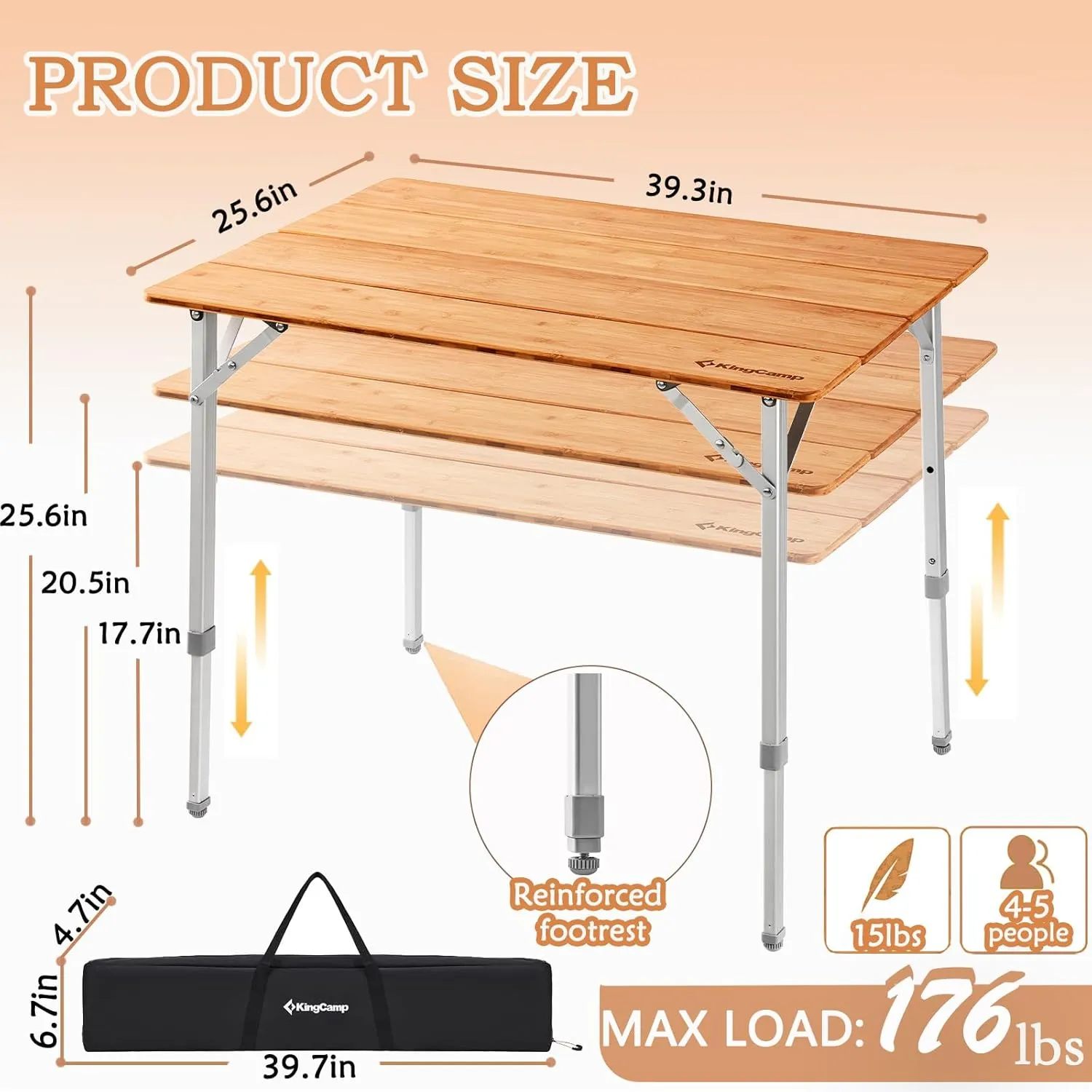 KingCamp Bamboo Camping Table Folding Table with Adjustable Height Aluminum Legs Heavy Duty 176lbs 4-Fold Portable Foldable Camp Tables for Travel, Picnic, 4-5 People
