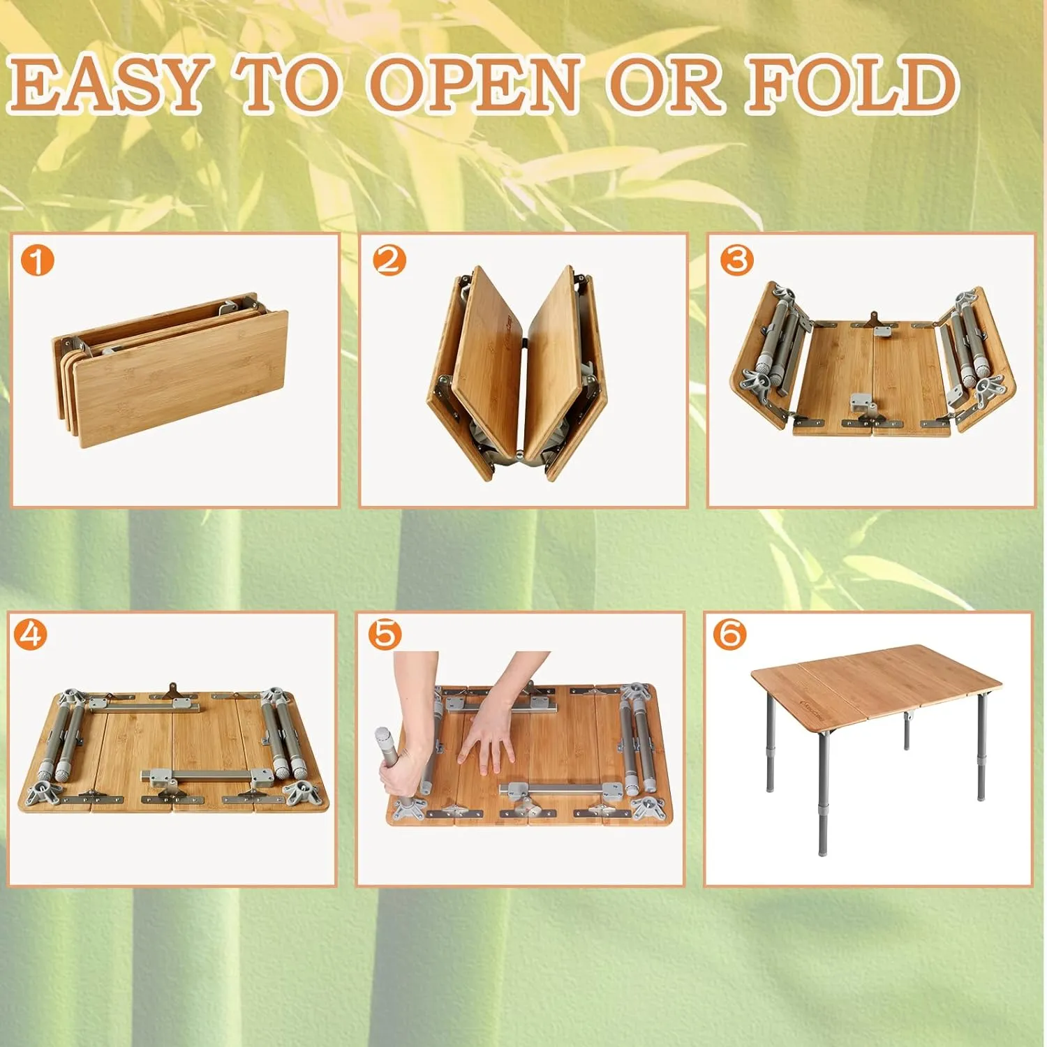 KingCamp Bamboo Folding Table Lightweight Camping Table with Adjustable Height Aluminum Legs 4-Fold Compact Small Portable Camp Tables for Travel RV Picnic Party Beach, 1-2 Person