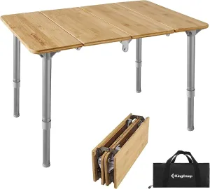 KingCamp Bamboo Folding Table Lightweight Camping Table with Adjustable Height Aluminum Legs 4-Fold Compact Small Portable Camp Tables for Travel RV Picnic Party Beach, 1-2 Person