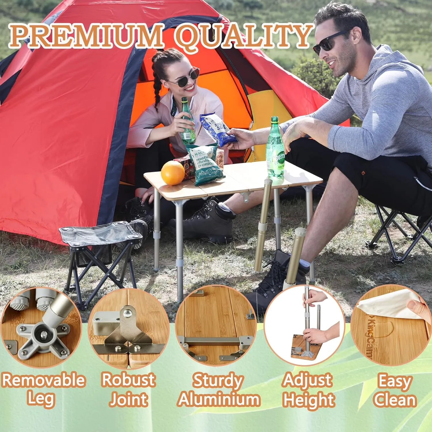 KingCamp Bamboo Folding Table Lightweight Camping Table with Adjustable Height Aluminum Legs 4-Fold Compact Small Portable Camp Tables for Travel RV Picnic Party Beach, 1-2 Person