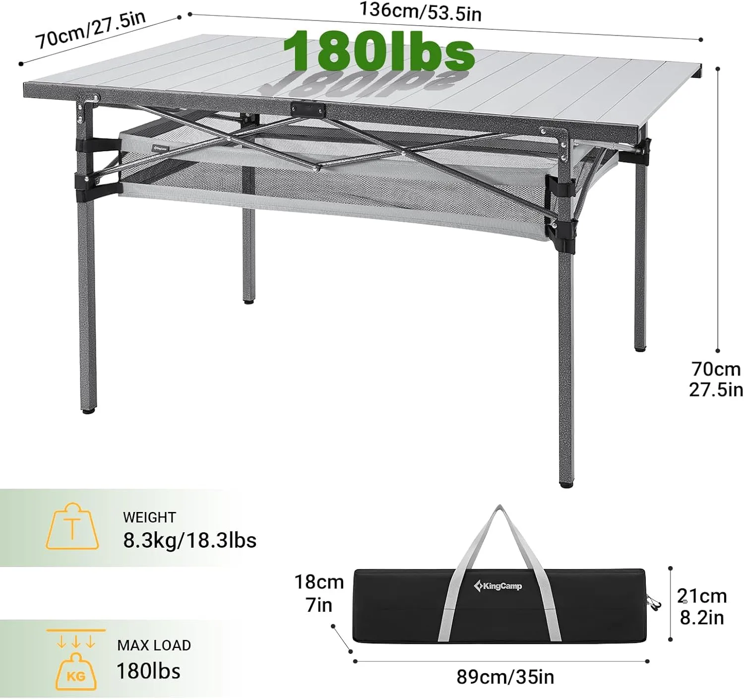 KingCamp Folding Camping Table, Aluminum Roll-Up Camp Table, Large Foldable Table for 6-8 Person, Outdoor Portable Tables with Carry Bag, 180 LBS Heavy Duty Load (Silver Mesh：53.5"x27.5")