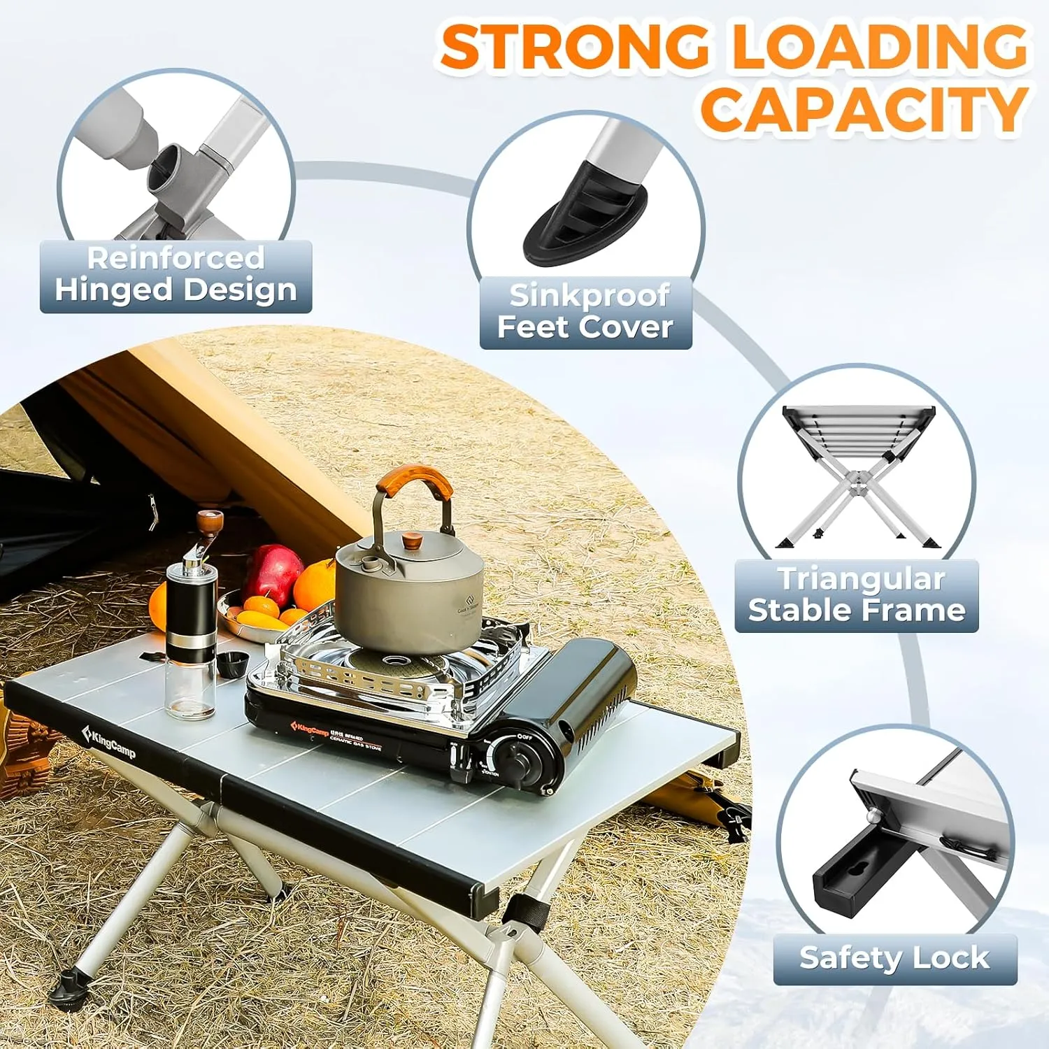 KingCamp Folding Camping Table, Portable Lightweight Camp Table Foldable Aluminum Roll Up Seamless Desktop with Tall X-Legs & Carry Bag for Outdoor Backyard Picnic Tailgating Beach