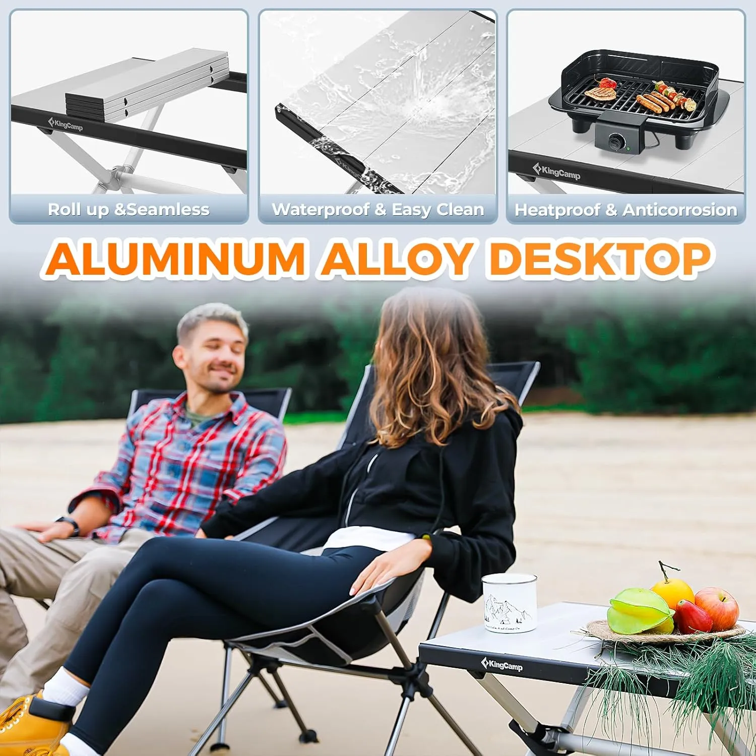 KingCamp Folding Camping Table, Portable Lightweight Camp Table Foldable Aluminum Roll Up Seamless Desktop with Tall X-Legs & Carry Bag for Outdoor Backyard Picnic Tailgating Beach