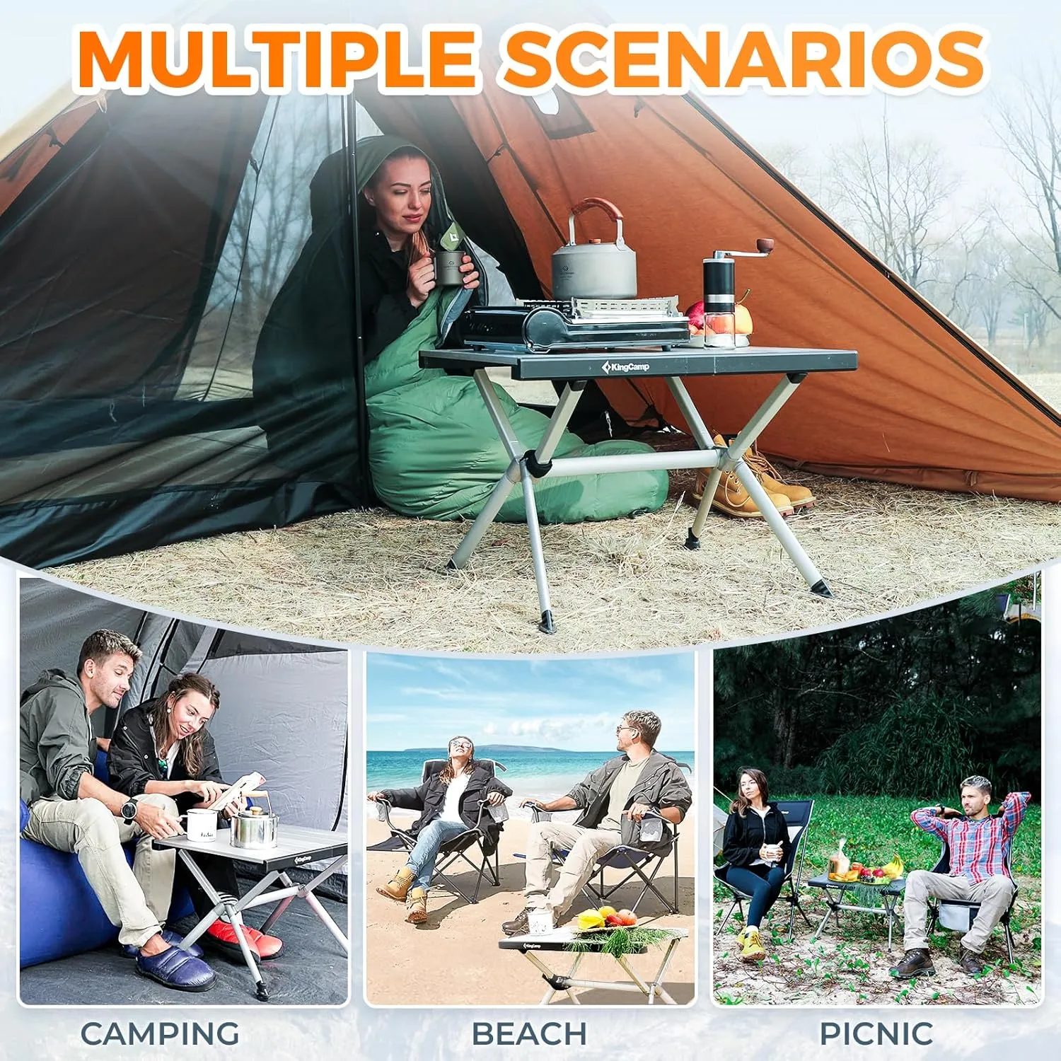 KingCamp Folding Camping Table, Portable Lightweight Camp Table Foldable Aluminum Roll Up Seamless Desktop with Tall X-Legs & Carry Bag for Outdoor Backyard Picnic Tailgating Beach
