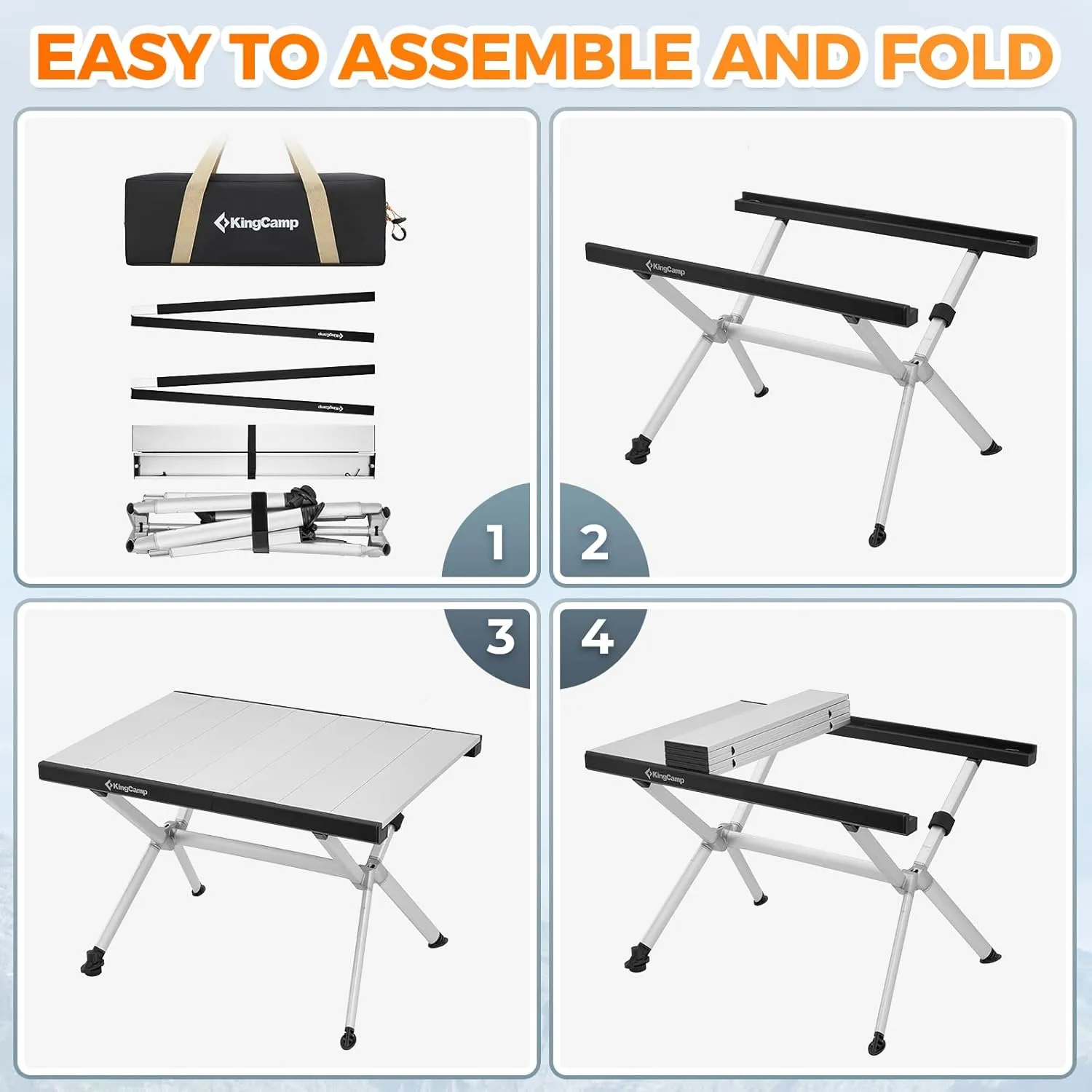 KingCamp Folding Camping Table, Portable Lightweight Camp Table Foldable Aluminum Roll Up Seamless Desktop with Tall X-Legs & Carry Bag for Outdoor Backyard Picnic Tailgating Beach