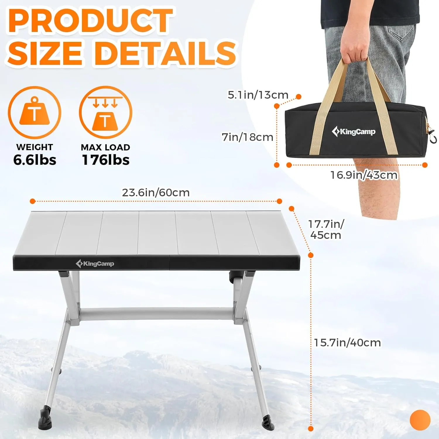 KingCamp Folding Camping Table, Portable Lightweight Camp Table Foldable Aluminum Roll Up Seamless Desktop with Tall X-Legs & Carry Bag for Outdoor Backyard Picnic Tailgating Beach