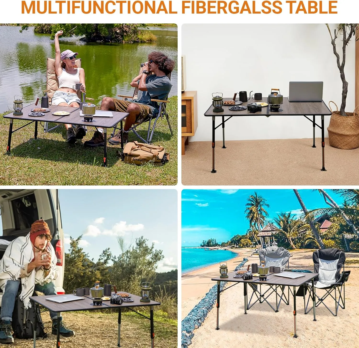 KingCamp Folding Glass Fiber Camping Table, Portable Camp Table with Adjustable Height Aluminum Legs & Carry Bag for Outdoor, Picnic, Beach, Party, Indoor, Use for 4-6 People