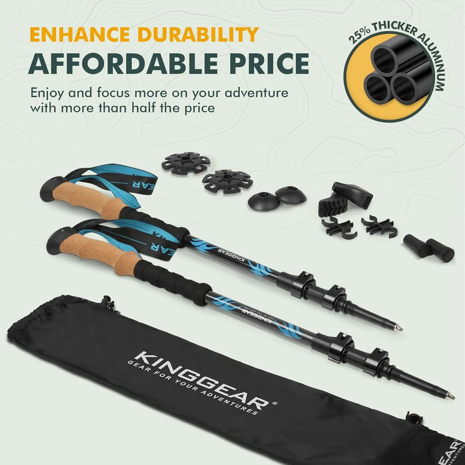 KINGGEAR TPC 100% Carbon Fiber Hiking Poles, Telescopic Retractable Nordic Trekking Poles, Ultra Lightweight Nordic Walking Stick, Metal Flip Locks, Cork and Extended EVA Handle