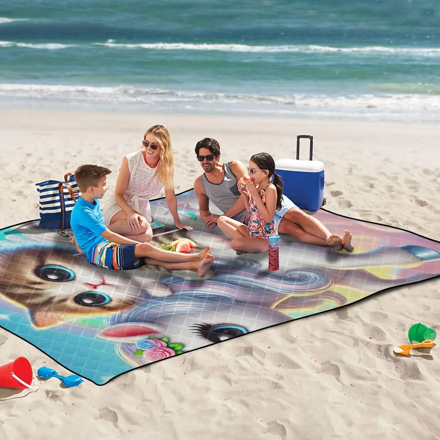 Kitten Unicorn Cat Beach Blankets Waterproof Sandproof Cute Picnic Blanket Foldable Lawn Blanket for Grass Mat 80" x 60"
