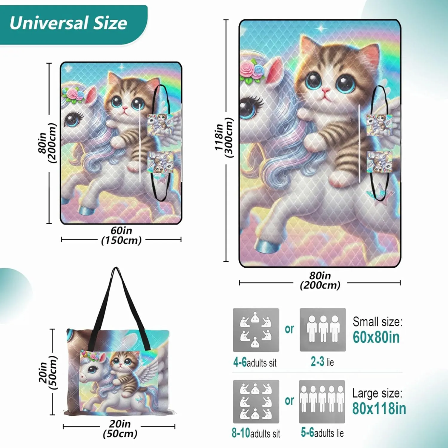 Kitten Unicorn Cat Beach Blankets Waterproof Sandproof Cute Picnic Blanket Foldable Lawn Blanket for Grass Mat 80" x 60"