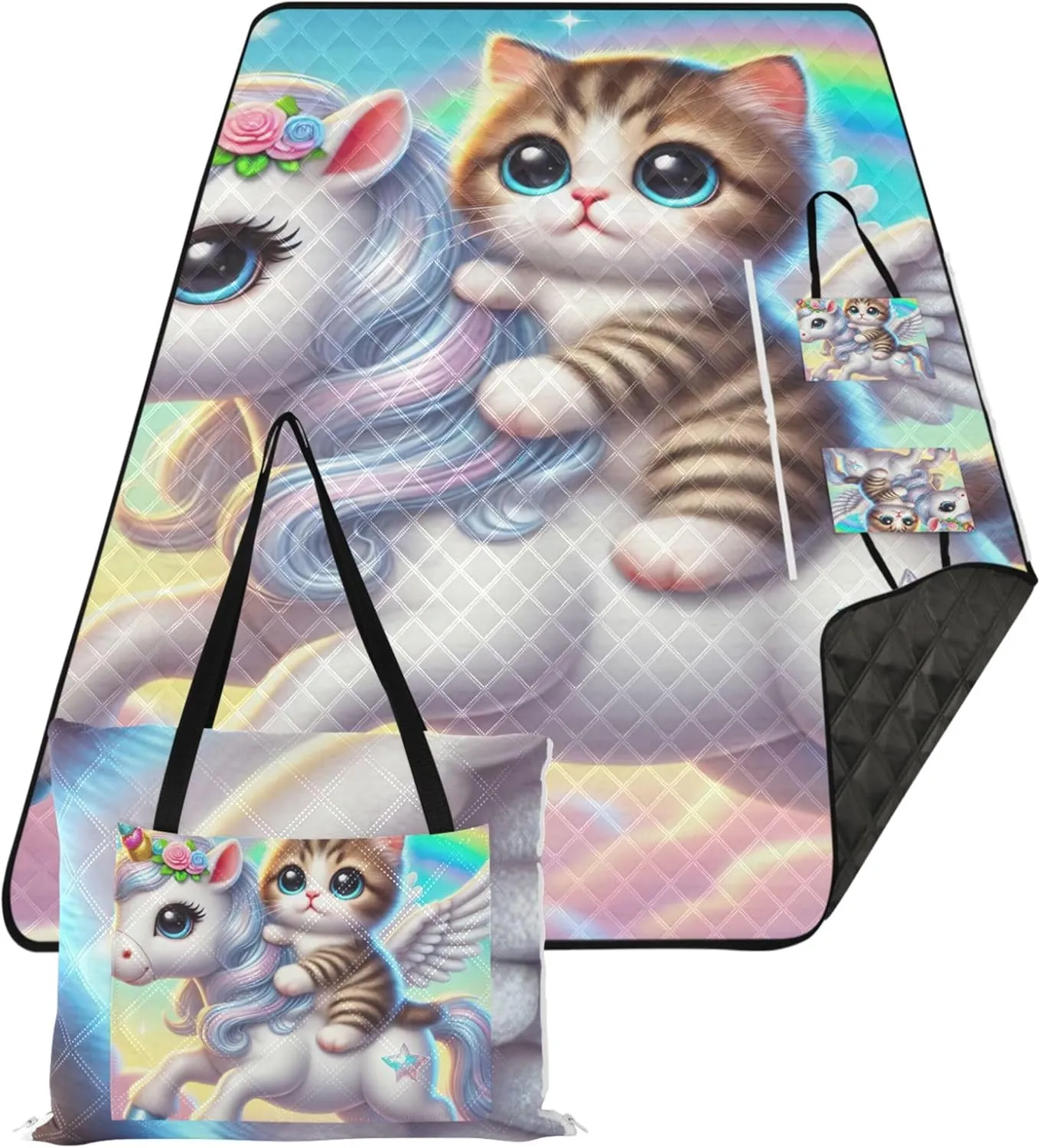 Kitten Unicorn Cat Beach Blankets Waterproof Sandproof Cute Picnic Blanket Foldable Lawn Blanket for Grass Mat 80" x 60"
