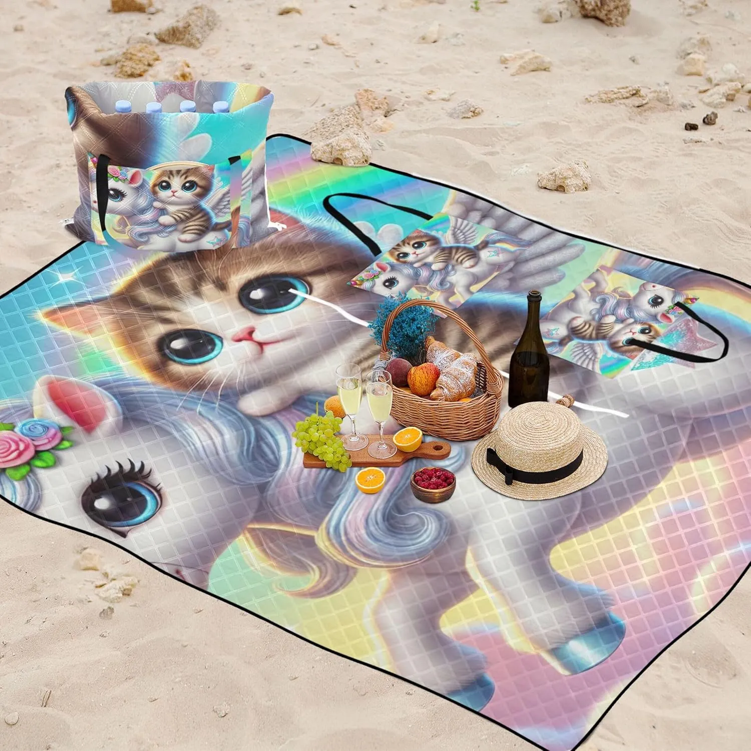 Kitten Unicorn Cat Beach Blankets Waterproof Sandproof Cute Picnic Blanket Foldable Lawn Blanket for Grass Mat 80" x 60"