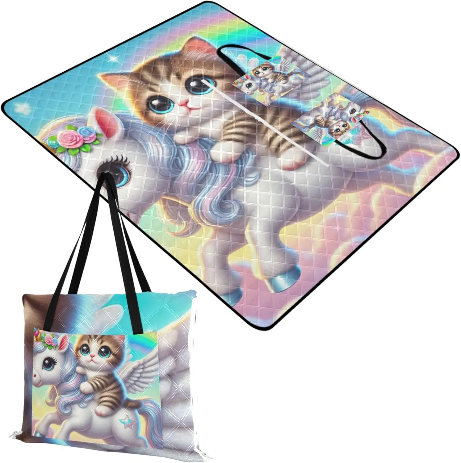 Kitten Unicorn Cat Beach Blankets Waterproof Sandproof Cute Picnic Blanket Foldable Lawn Blanket for Grass Mat 80" x 60"