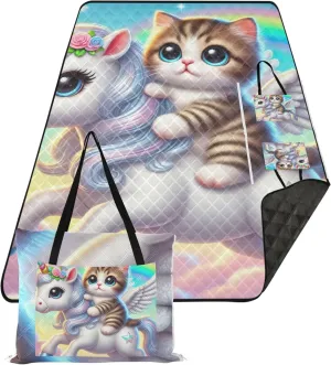 Kitten Unicorn Cat Beach Blankets Waterproof Sandproof Cute Picnic Blanket Foldable Lawn Blanket for Grass Mat 80" x 60"