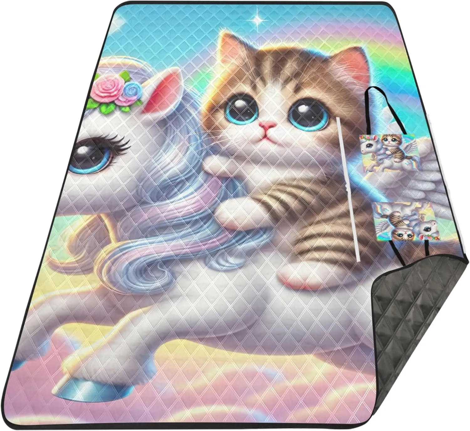 Kitten Unicorn Cat Beach Blankets Waterproof Sandproof Cute Picnic Blanket Foldable Lawn Blanket for Grass Mat 80" x 60"