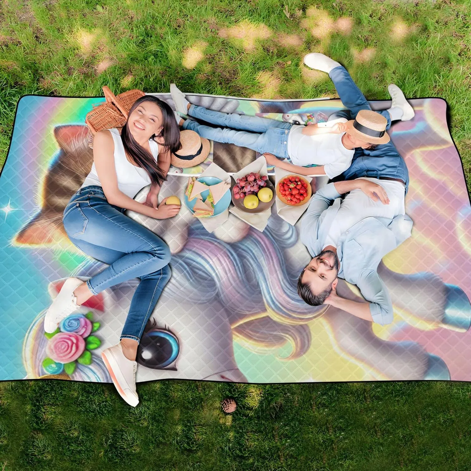 Kitten Unicorn Cat Beach Blankets Waterproof Sandproof Cute Picnic Blanket Foldable Lawn Blanket for Grass Mat 80" x 60"