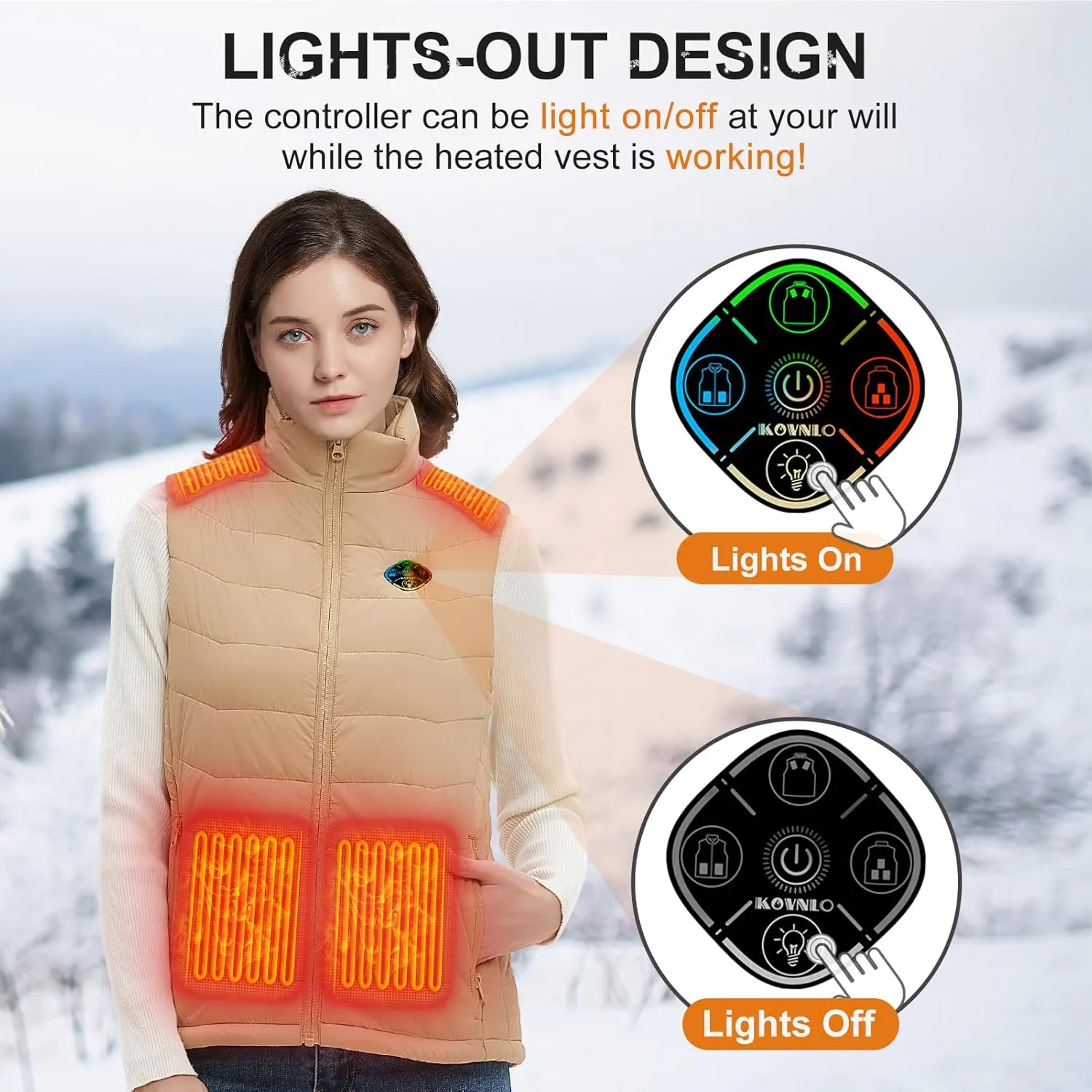 KOVNLO Womens Heated Vest, 5 in 1 Smart Controller, Lights-out Design, Electric Heated Jackets (Battery Pack Not Included)
