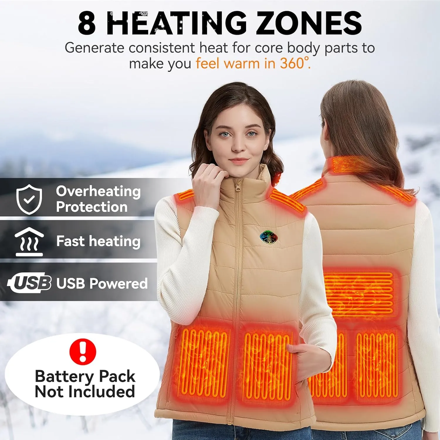 KOVNLO Womens Heated Vest, 5 in 1 Smart Controller, Lights-out Design, Electric Heated Jackets (Battery Pack Not Included)