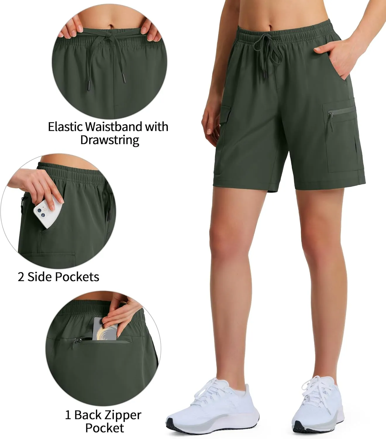 Ksmien Women's 7" Hiking Cargo Shorts Lightweight Quick Dry Ladies Summer Shorts with Zipper Pockets for Travel Golf