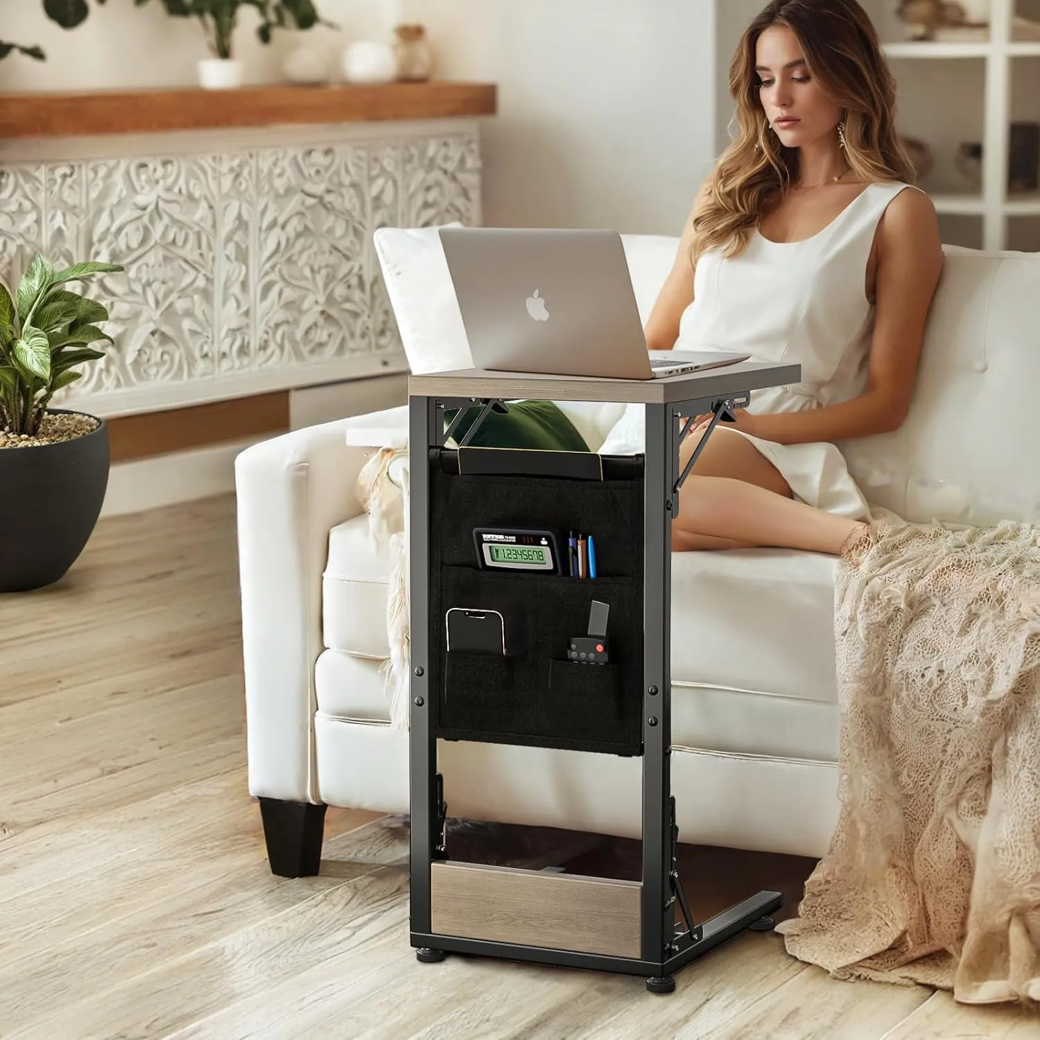 Kufutee Folding TV Tray Table, Small Folding Side Table with Storage Bag, Portable C Shaped End Table for Couch Sofa Bed, Oak Gray