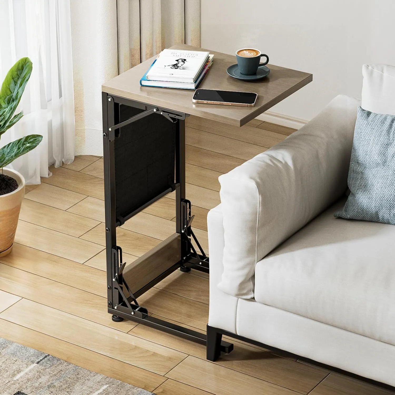 Kufutee Folding TV Tray Table, Small Folding Side Table with Storage Bag, Portable C Shaped End Table for Couch Sofa Bed, Oak Gray